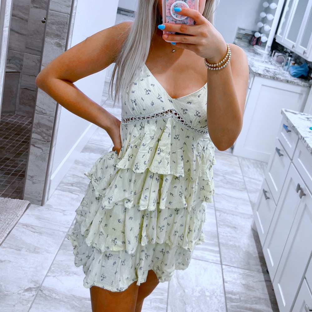 yellow floral ruffle tiered mini dress
